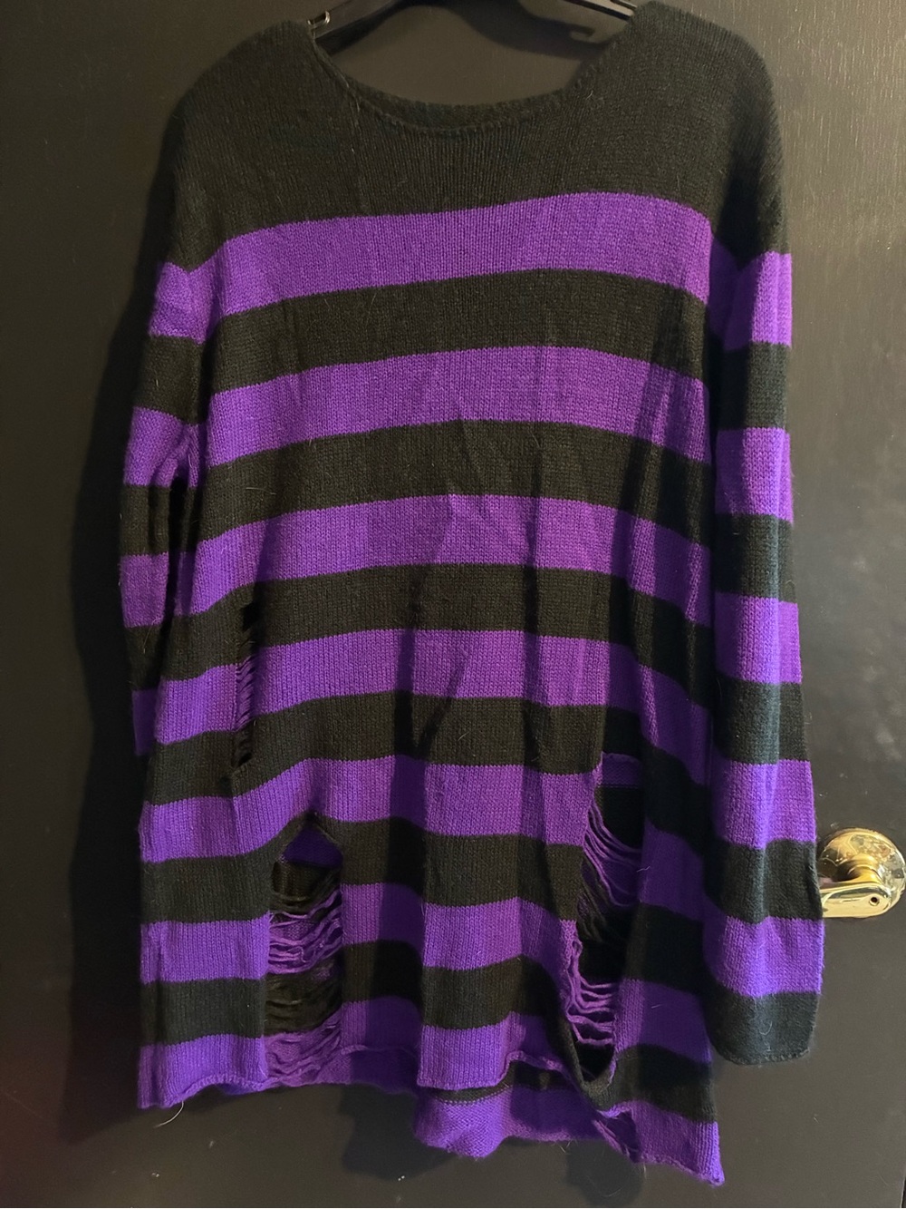 Women's Black and Purple Striped Oversized Distressed Sweater